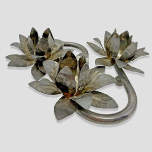 Vintage Winston Metal Lotus Flower Triple Candle Holder Candelabra Silver Tone